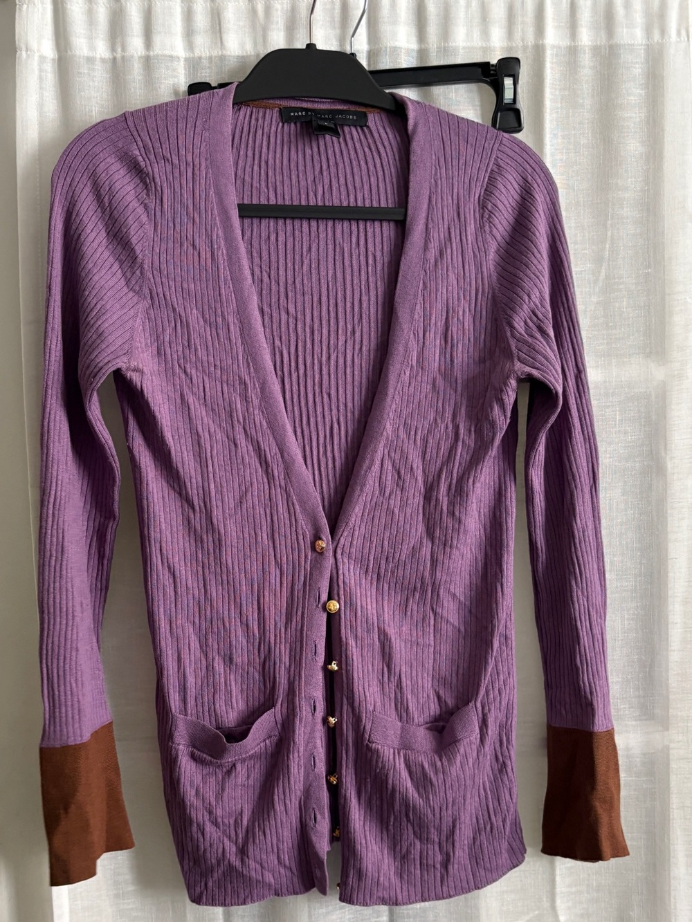 Marc By Marc Jacob’s Purple Long Ribbed Button-Front Cardigan with Brown Cuffs